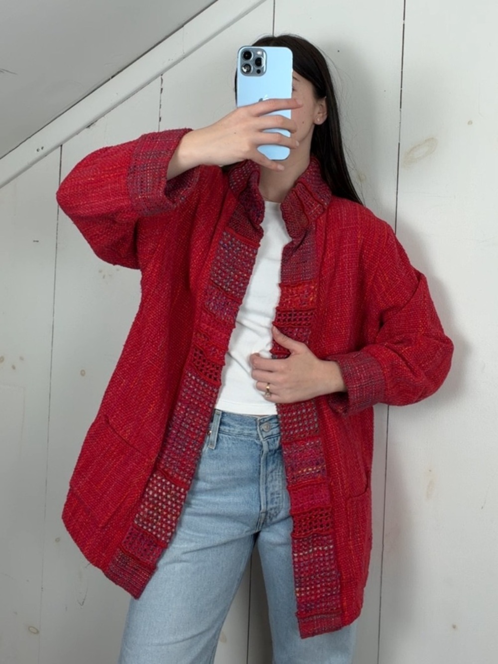 Vintage Open Front Woven Cardigan Sweater Jacket Women XL Multicolored Whimsical
